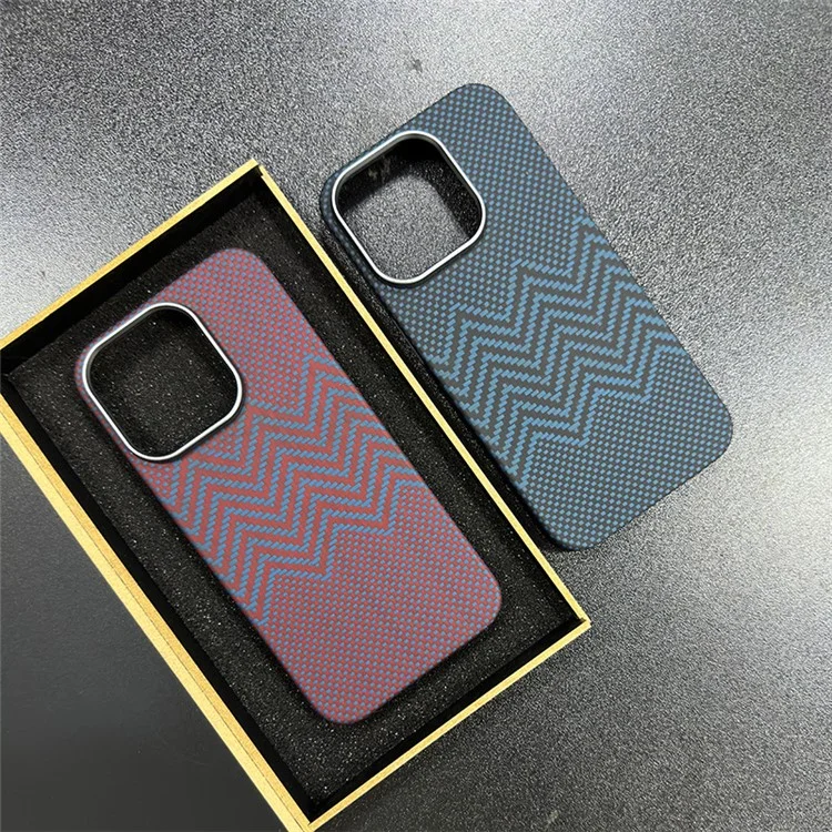 For iPhone 15 Pro Max Case Metal Lens Frame Aramid Fiber Big Rear Lens Hole Back Cover - M-Wave Texture / Yellow
