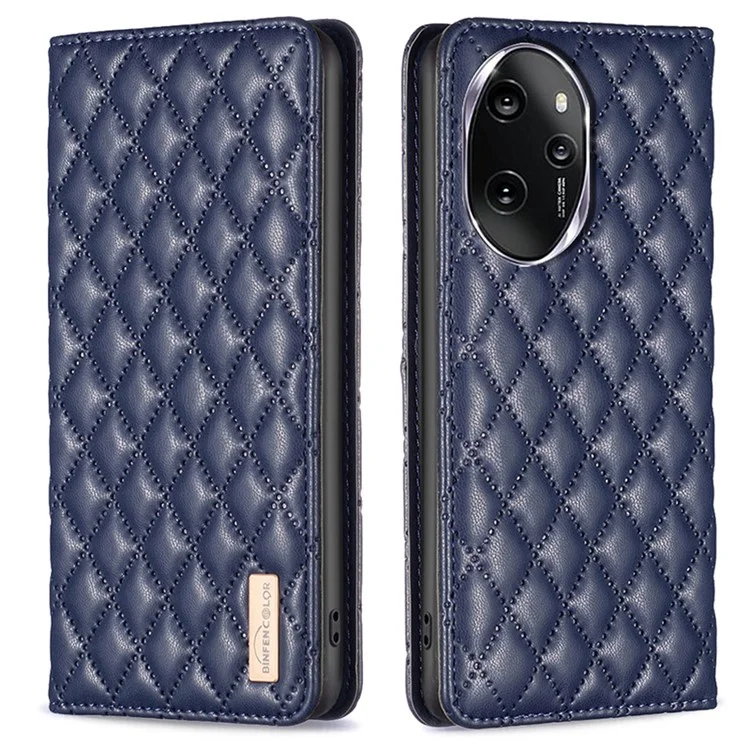BINFEN COLOR BF16 For Honor 100 Pro 5G Cell Phone Case PU Leather Rhombus Imprinted Cover - Blue