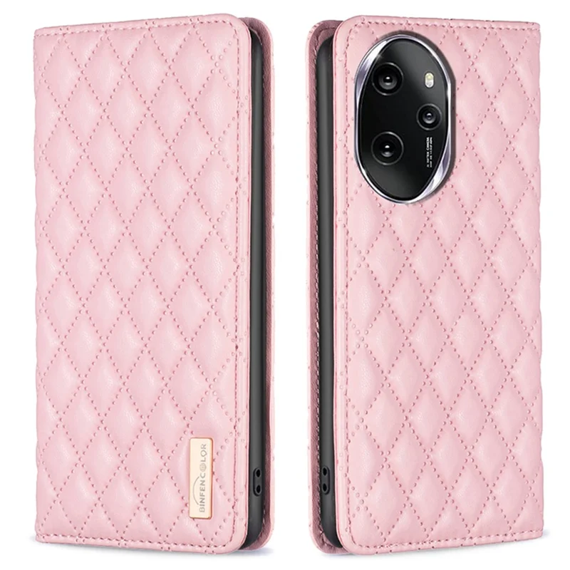 BINFEN COLOR BF16 For Honor 100 Pro 5G Cell Phone Case PU Leather Rhombus Imprinted Cover - Pink