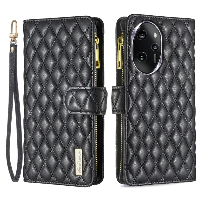 BINFEN COLOR BF Style-15 For Honor 100 Pro 5G Cell Phone Case Zipper Pocket Leather Wallet Cover - Black