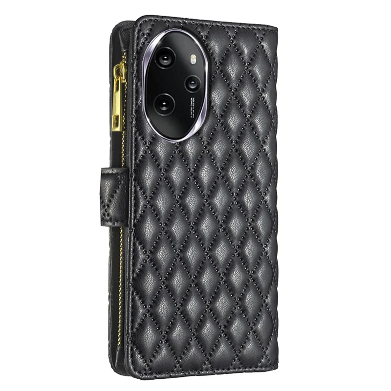 BINFEN COLOR BF Style-15 For Honor 100 Pro 5G Cell Phone Case Zipper Pocket Leather Wallet Cover - Black