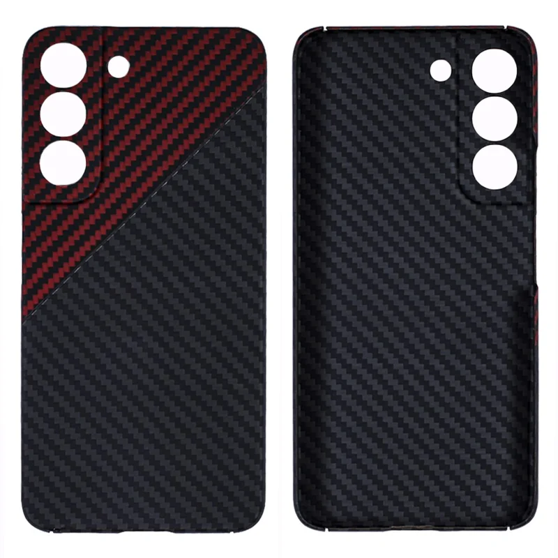For Samsung Galaxy S23 Case Aramid Fiber 1500D Coarse Texture Color Splicing Precise Lens Cutout Anti-scratch Cover - Red+Black