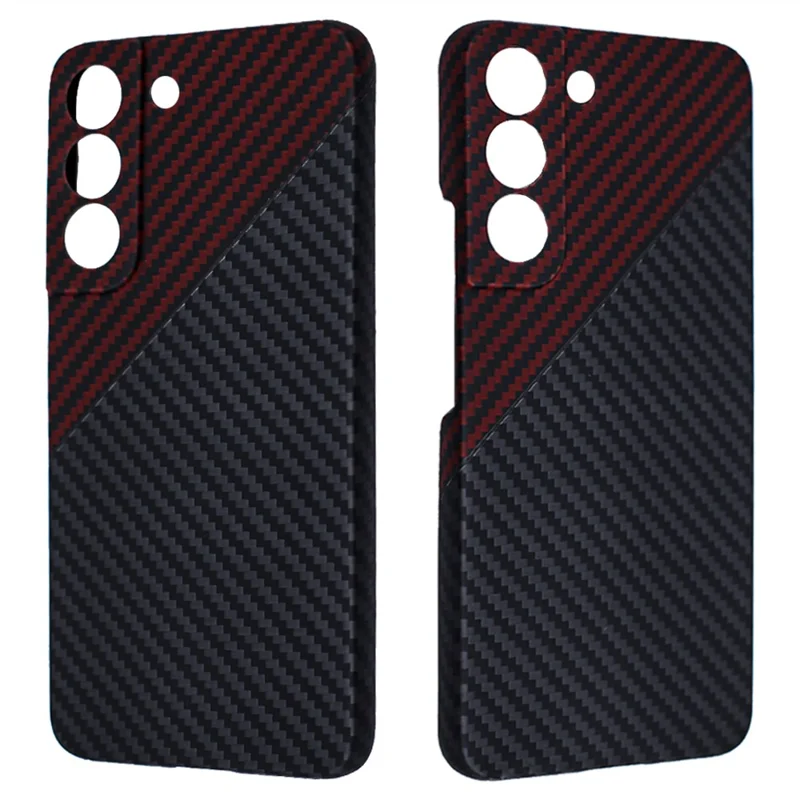 For Samsung Galaxy S23 Case Aramid Fiber 1500D Coarse Texture Color Splicing Precise Lens Cutout Anti-scratch Cover - Red+Black