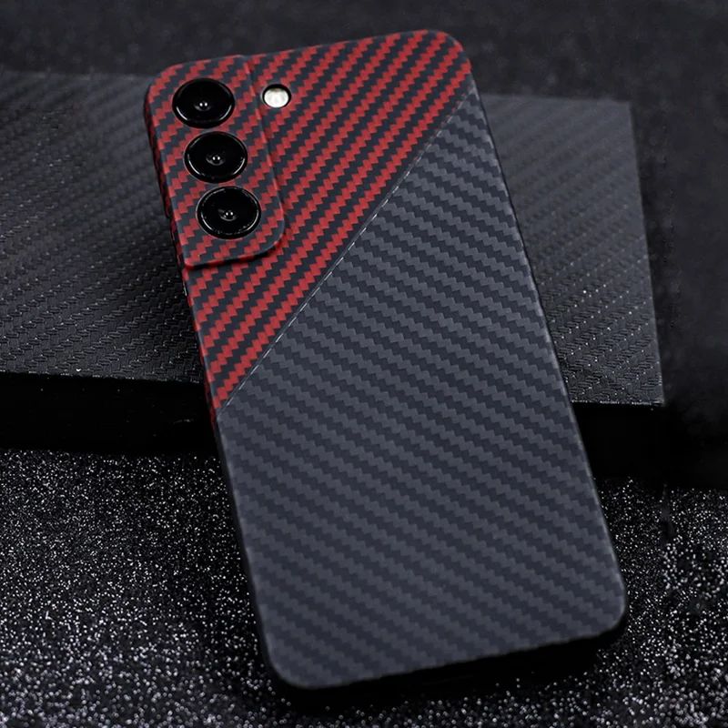For Samsung Galaxy S23 Case Aramid Fiber 1500D Coarse Texture Color Splicing Precise Lens Cutout Anti-scratch Cover - Red+Black
