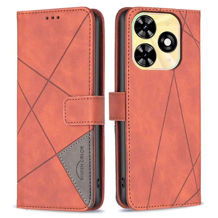 BINFEN COLOR For TECNO Spark Go 2024 4G / Spark 20C / Pop 8 Phone Cases Wallet Stand Geometry Imprinted Leather Cover - Brown