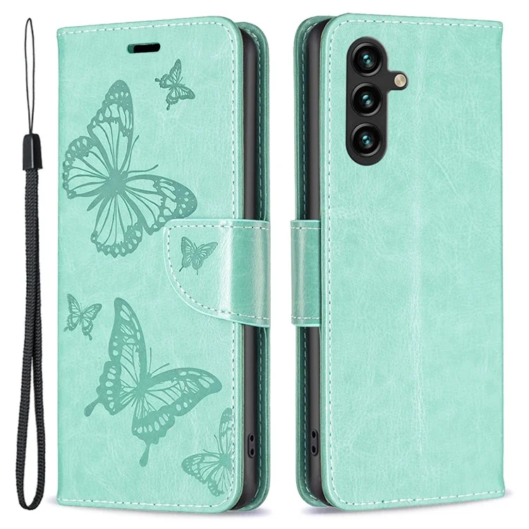 Para el caso del Samsung Galaxy A35 5G Mariposa grabada Cubierta de cuero con soporte y billetera - Verde