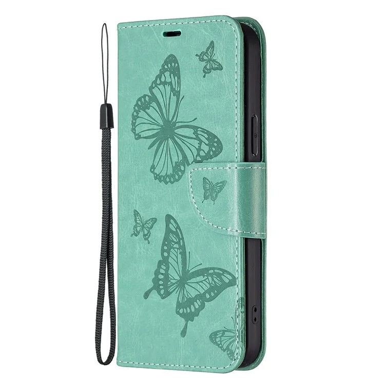 Para el caso del Samsung Galaxy A35 5G Mariposa grabada Cubierta de cuero con soporte y billetera - Verde