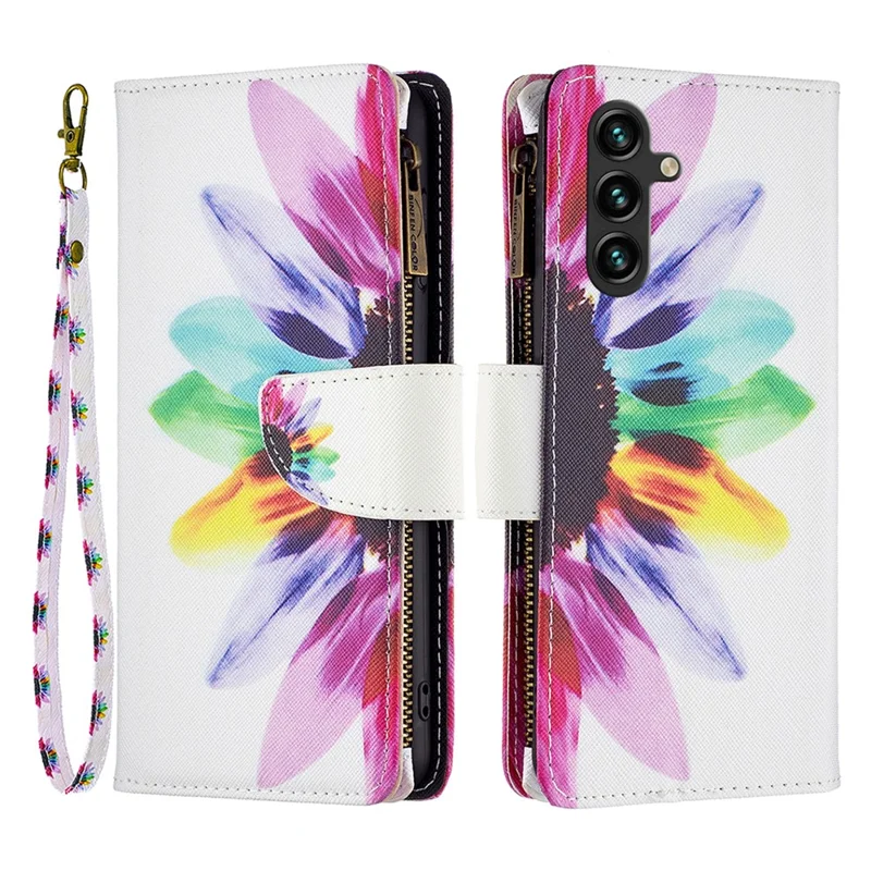 BF03 For Samsung Galaxy A35 5G Leather Case Zipper Wallet Phone Stand Cover - Sunflower