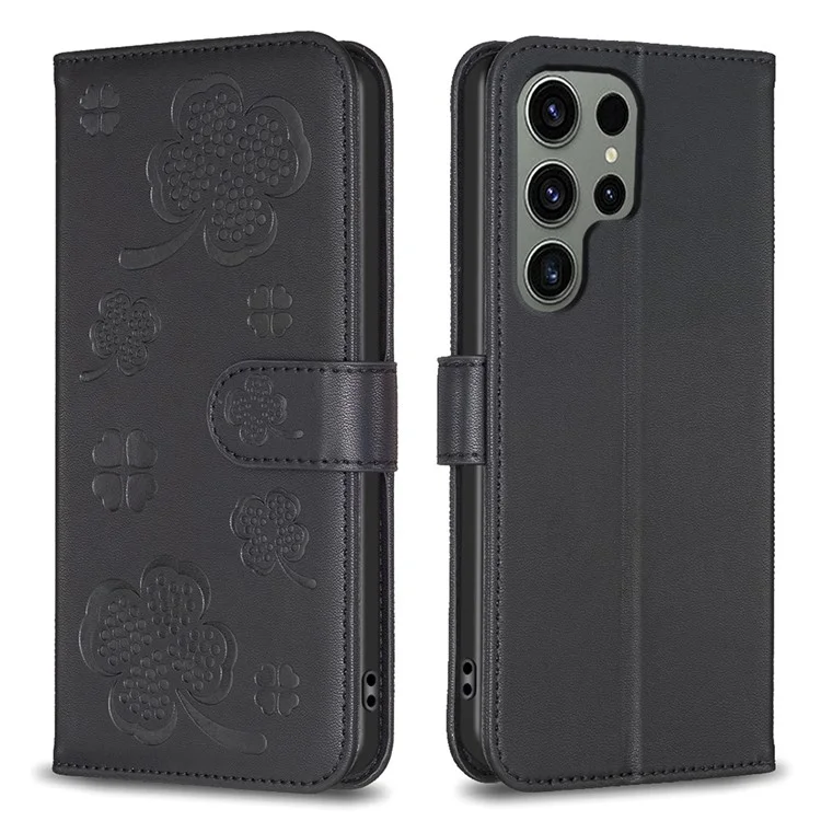 For Samsung Galaxy S23 Ultra Wallet Case Clover Pattern Flip PU Leather Phone Cover - Black