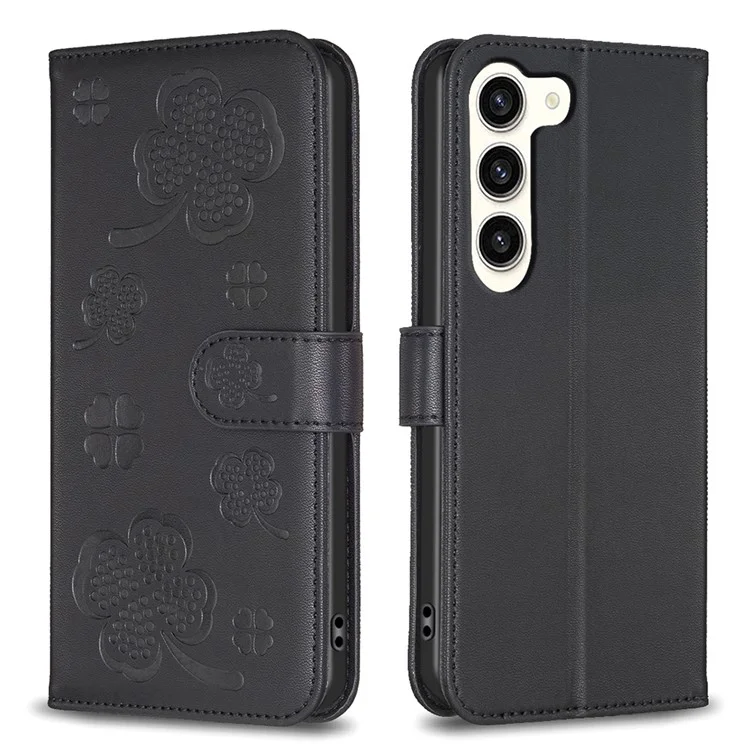 Funda tipo billetera con tapa de cuero para Samsung Galaxy S23, con estampado de trébol, soporte y bolsillo - Negro