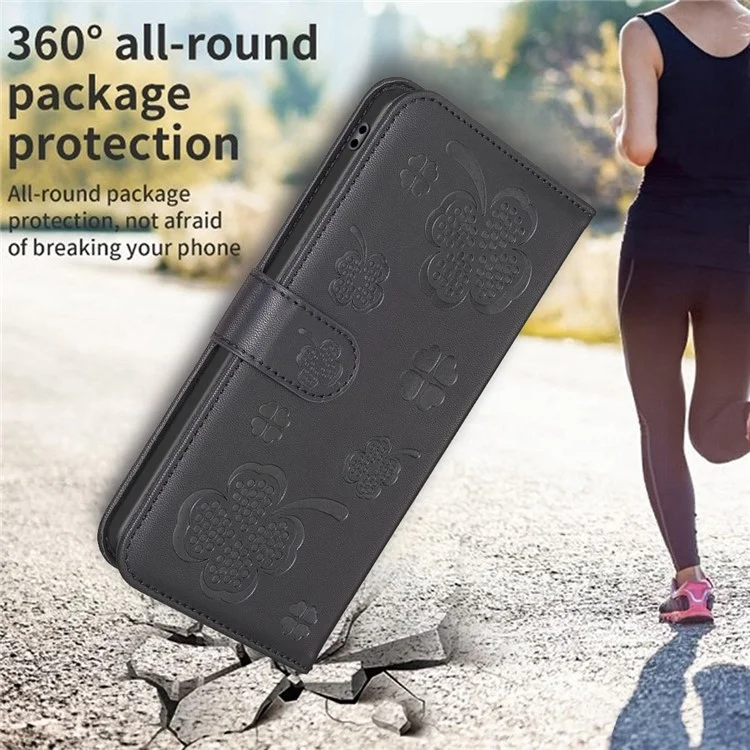 Funda tipo billetera con tapa de cuero para Samsung Galaxy S23, con estampado de trébol, soporte y bolsillo - Negro