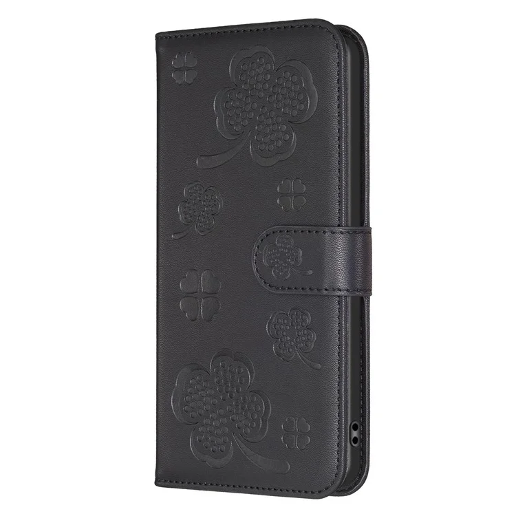 Funda tipo billetera con tapa de cuero para Samsung Galaxy S23, con estampado de trébol, soporte y bolsillo - Negro
