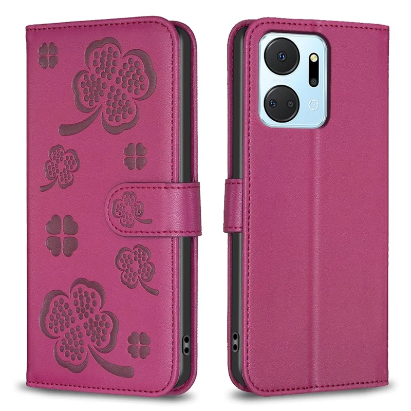 For Honor X7a 4G Wallet Case Clover Imprinted Magnetic Folio PU Leather Phone Cover - Rose
