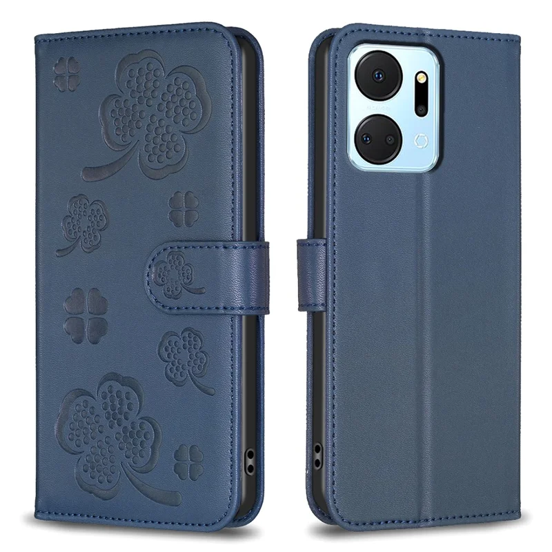 For Honor X7a 4G Wallet Case Clover Imprinted Magnetic Folio PU Leather Phone Cover - Blue