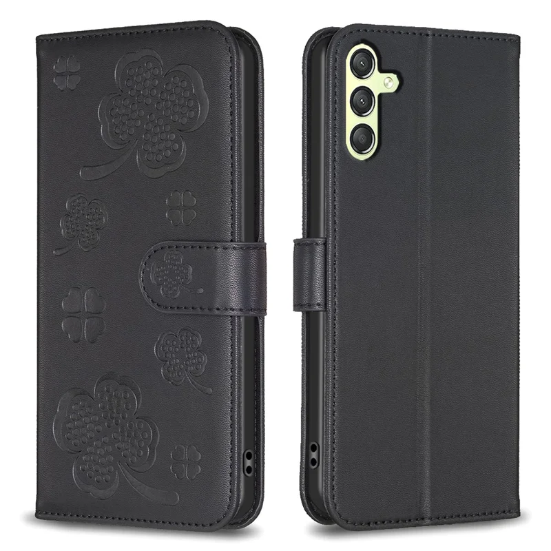For Samsung Galaxy A25 5G (Global) (161.0 x 76.5 x 8.3mm) PU Leather Wallet Case Clover Imprinted Magnetic Clasp Phone Cover - Black