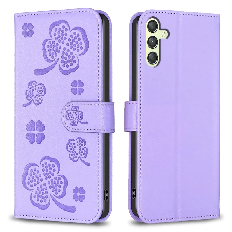 For Samsung Galaxy A25 5G (Global) (161.0 x 76.5 x 8.3mm) PU Leather Wallet Case Clover Imprinted Magnetic Clasp Phone Cover - Purple