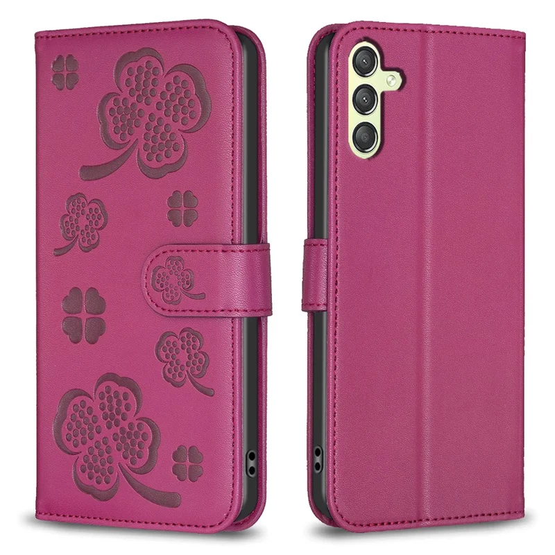 For Samsung Galaxy A25 5G (Global) (161.0 x 76.5 x 8.3mm) PU Leather Wallet Case Clover Imprinted Magnetic Clasp Phone Cover - Rose