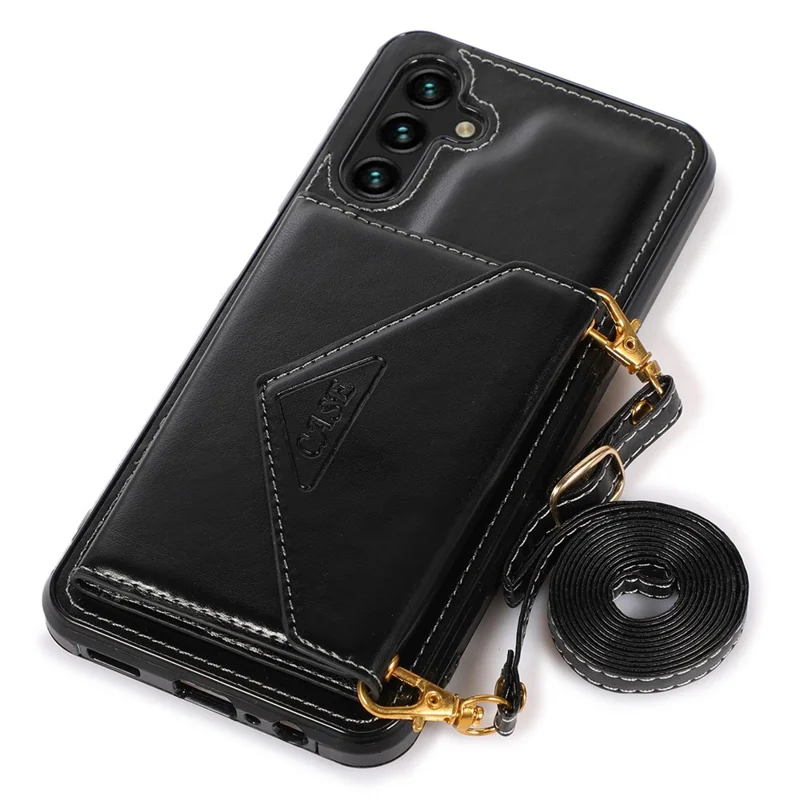 For Samsung Galaxy S24+ Case PU Leather Coated TPU Kickstand Phone Cover with Shoulder Strap - Black