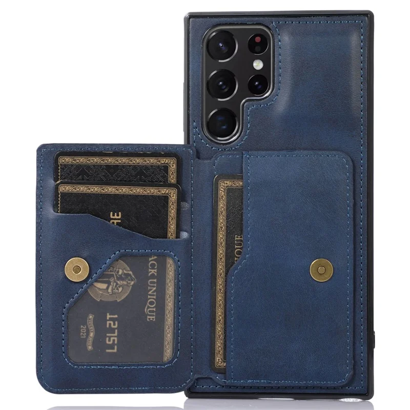 For Samsung Galaxy S24 Ultra Case Card Holder Kickstand PU Leather+TPU Phone Cover - Blue