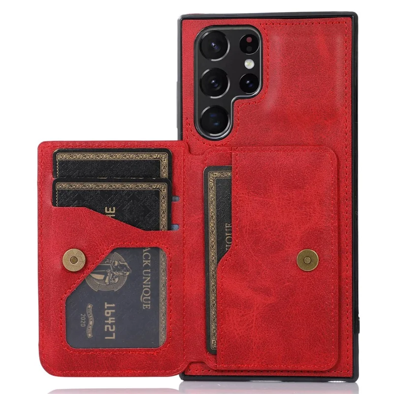 For Samsung Galaxy S24 Ultra Case Card Holder Kickstand PU Leather+TPU Phone Cover - Red