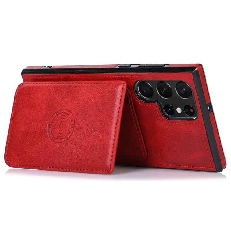 For Samsung Galaxy S24 Ultra Case Card Holder Kickstand PU Leather+TPU Phone Cover - Red