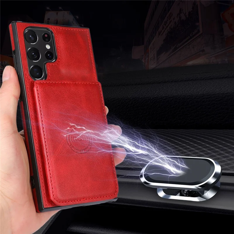 For Samsung Galaxy S24 Ultra Case Card Holder Kickstand PU Leather+TPU Phone Cover - Red
