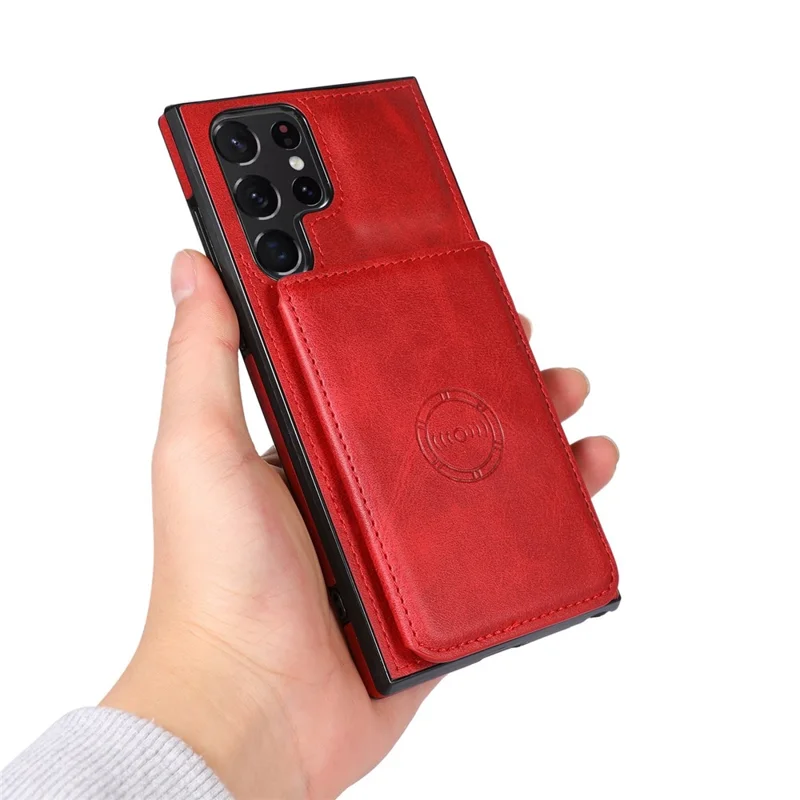 For Samsung Galaxy S24 Ultra Case Card Holder Kickstand PU Leather+TPU Phone Cover - Red
