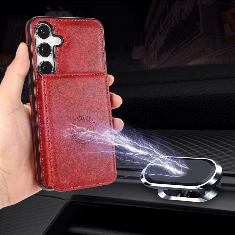 For Samsung Galaxy S25+ / S24+ Cell Phone Case with Card Holder Kickstand PU Leather+TPU Cover - Red