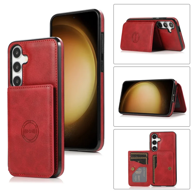 For Samsung Galaxy S25+ / S24+ Cell Phone Case with Card Holder Kickstand PU Leather+TPU Cover - Red