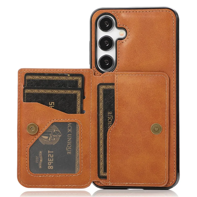 For Samsung Galaxy S25 / S24 Cell Phone Case with Card Holder PU Leather+TPU Kickstand Cover - Brown