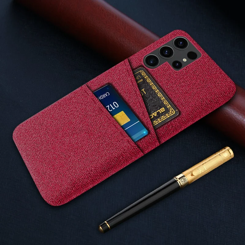 For Samsung Galaxy S24 Ultra PC+Cloth Cover Shockproof Phone Case with Dual Card Slots - Red
