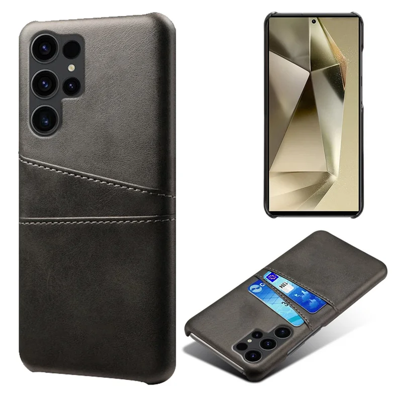 For Samsung Galaxy S24 Ultra Phone Back Protector PU+Hard PC Case with Dual Card Slots - Black