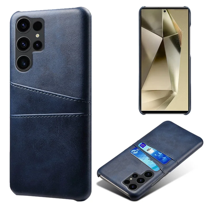 For Samsung Galaxy S24 Ultra Phone Back Protector PU+Hard PC Case with Dual Card Slots - Blue