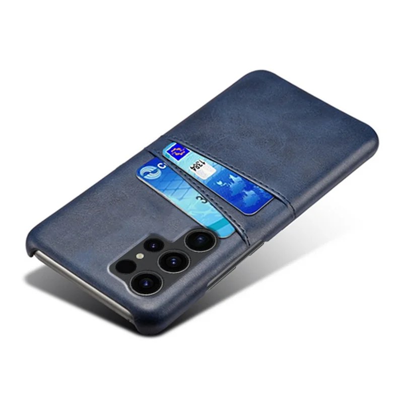For Samsung Galaxy S24 Ultra Phone Back Protector PU+Hard PC Case with Dual Card Slots - Blue