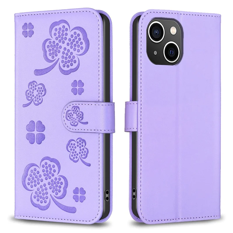 For iPhone 15 Leather Phone Case Clover Imprinted Magnetic Flip Cover - Purple
