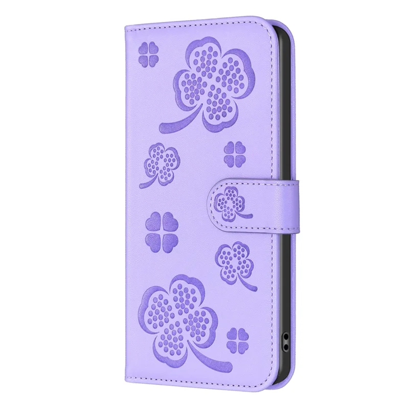 For iPhone 15 Leather Phone Case Clover Imprinted Magnetic Flip Cover - Purple