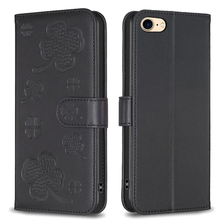 For iPhone 6 / 6s / 7 / 8 / SE (2020) / SE (2022) Phone Case PU Leather Clover Imprinted Wallet Cover - Black