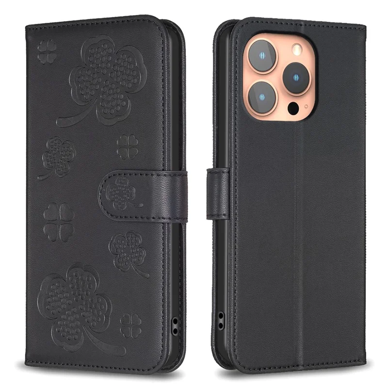 For iPhone 15 Pro PU Leather Cover Clover Imprinted Full Body Protective Phone Case - Black