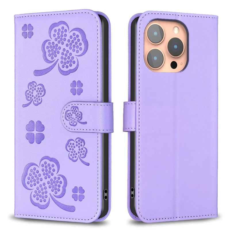 For iPhone 15 Pro PU Leather Cover Clover Imprinted Full Body Protective Phone Case - Purple
