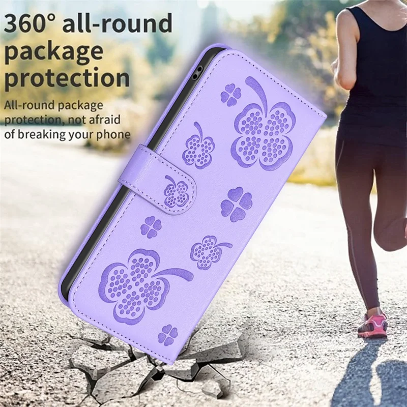For iPhone 15 Pro PU Leather Cover Clover Imprinted Full Body Protective Phone Case - Purple
