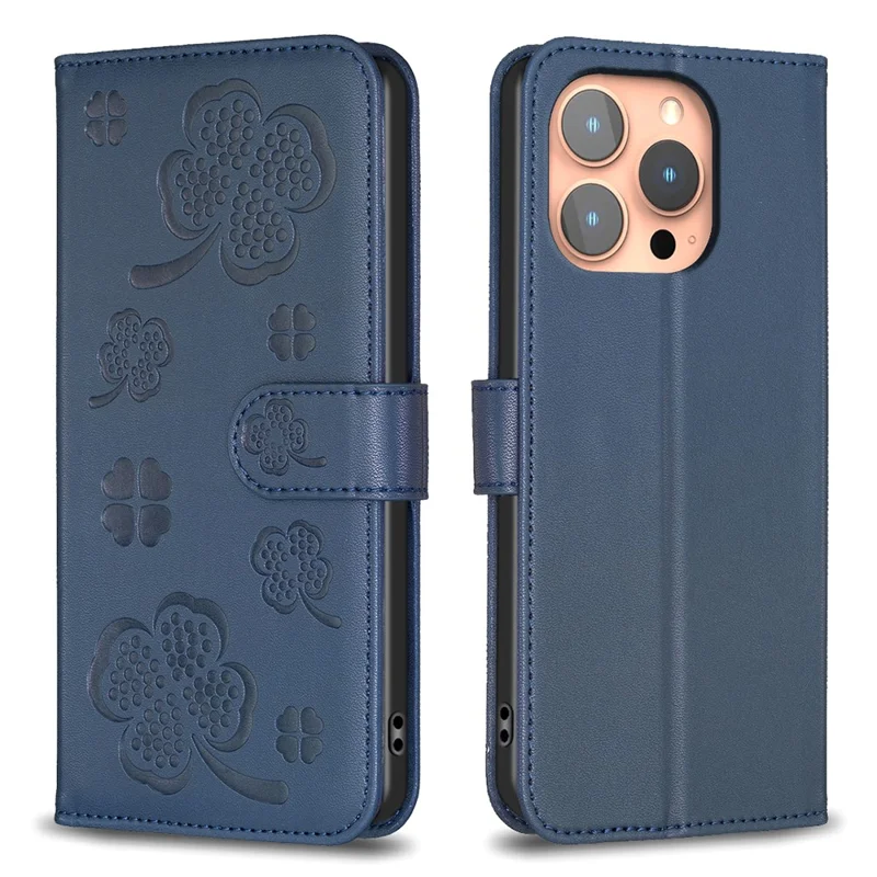 For iPhone 15 Pro PU Leather Cover Clover Imprinted Full Body Protective Phone Case - Blue