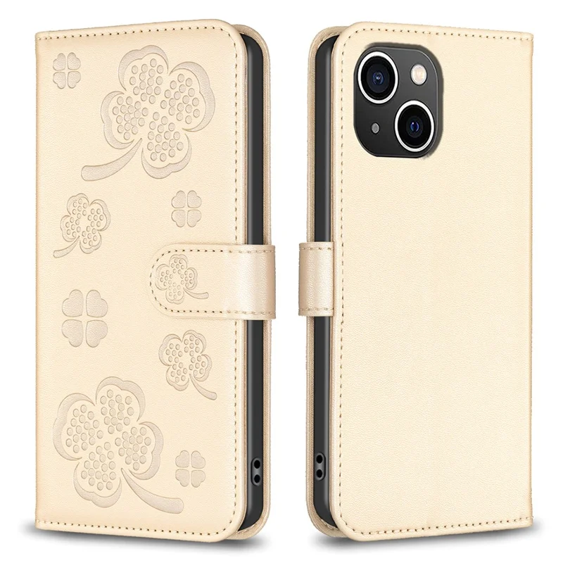 For iPhone 13 / 14 Leather Phone Case Clover Imprinted Wallet Flip Cover - Gold