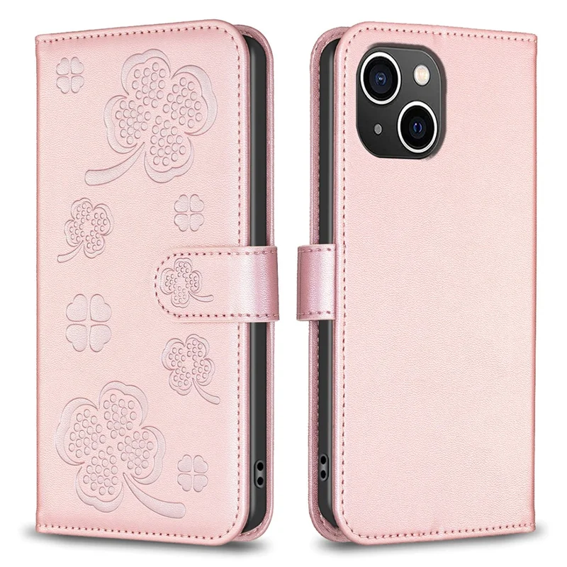 For iPhone 14 Plus / 15 Plus Wallet Case Clover Imprinted PU Leather Phone Cover - Pink