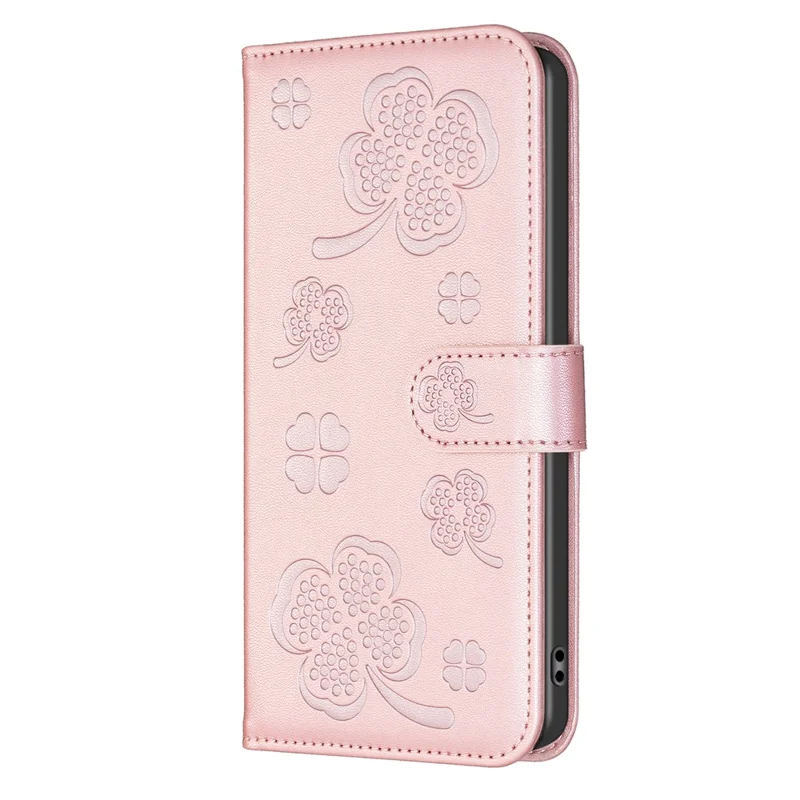 For iPhone 14 Plus / 15 Plus Wallet Case Clover Imprinted PU Leather Phone Cover - Pink