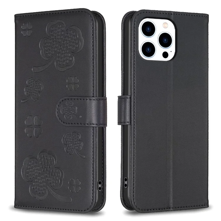 Per iPhone 13 Pro Custodia in Pelle PU con Motivo a Quadrifoglio Impresso, Flip Wallet Phone Cover - Nero