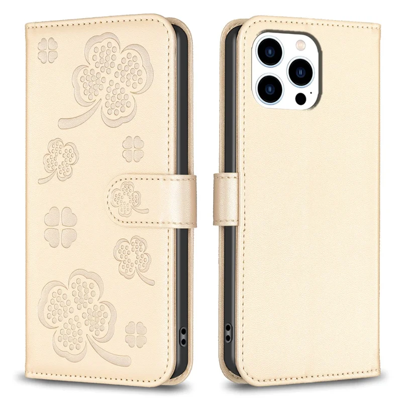 For iPhone 13 Pro Max Leather Phone Cover Clover Pattern Anti-Drop Protective Case - Gold