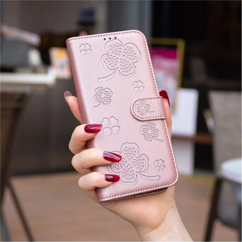 For Oppo A78 5G Leather Case Stand Function Clover Pattern Wallet Phone Cover - Pink