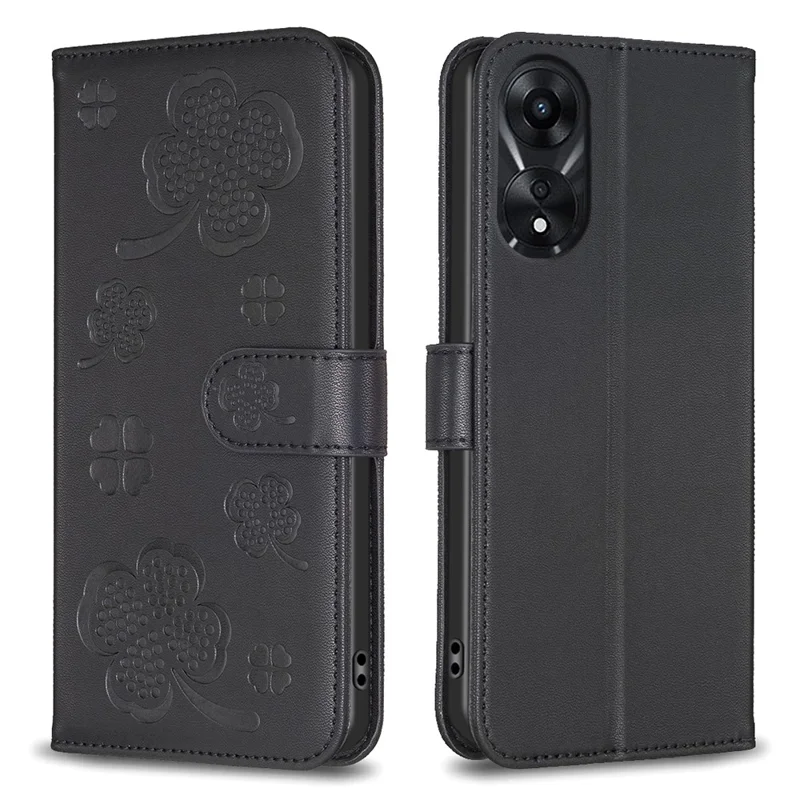 For Oppo A78 5G Leather Case Stand Function Clover Pattern Wallet Phone Cover - Black