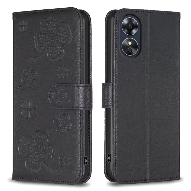 For Oppo A17 4G Leather Wallet Case Clover Pattern Flip Folio Phone Cover - Black
