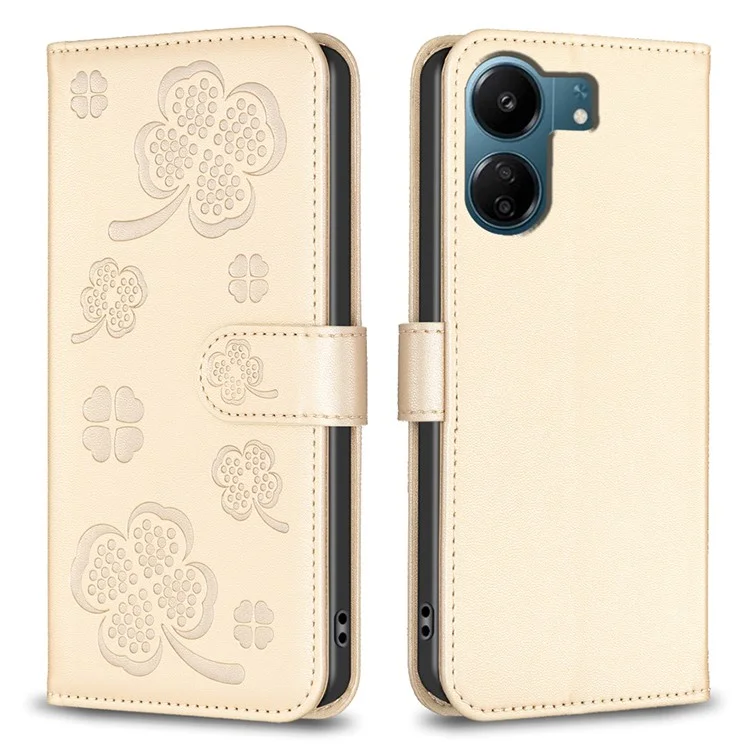 For Xiaomi Redmi 13C 4G / 13C 5G / 13R 5G / Poco M6 5G / Poco C65 4G Leather Phone Case Clover Pattern Stand Magnetic Closure Cover - Gold